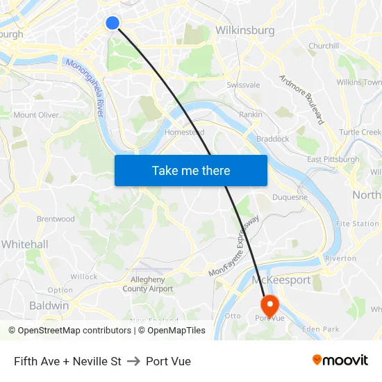 Fifth Ave + Neville St to Port Vue map
