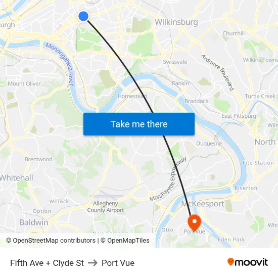 Fifth Ave + Clyde St to Port Vue map