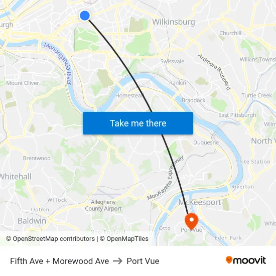 Fifth Ave + Morewood Ave to Port Vue map