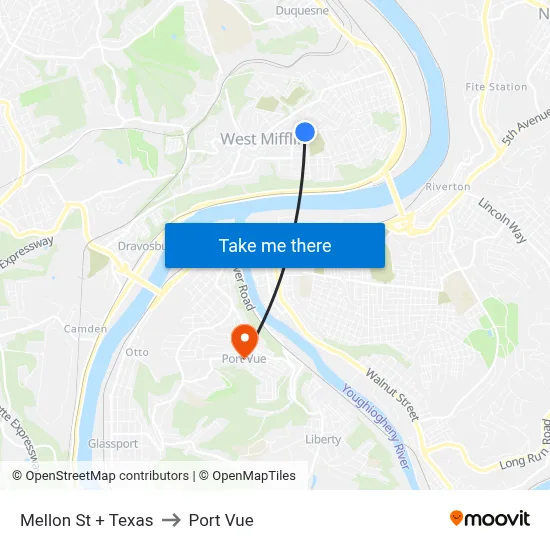 Mellon St + Texas to Port Vue map