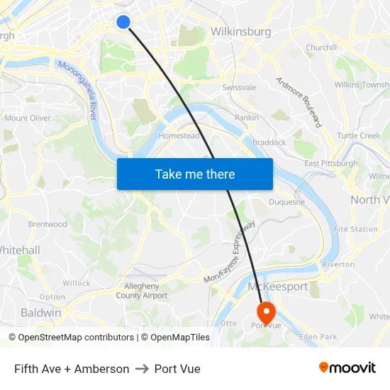 Fifth Ave + Amberson to Port Vue map