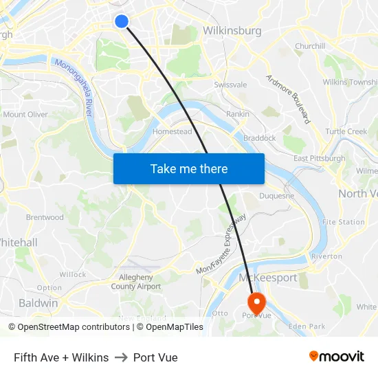 Fifth Ave + Wilkins to Port Vue map