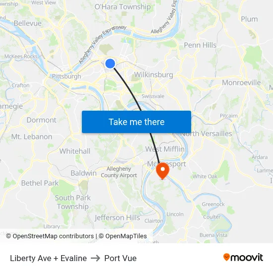 Liberty Ave + Evaline to Port Vue map