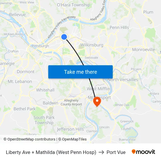 Liberty Ave + Mathilda (West Penn Hosp) to Port Vue map