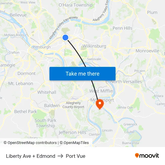 Liberty Ave + Edmond to Port Vue map