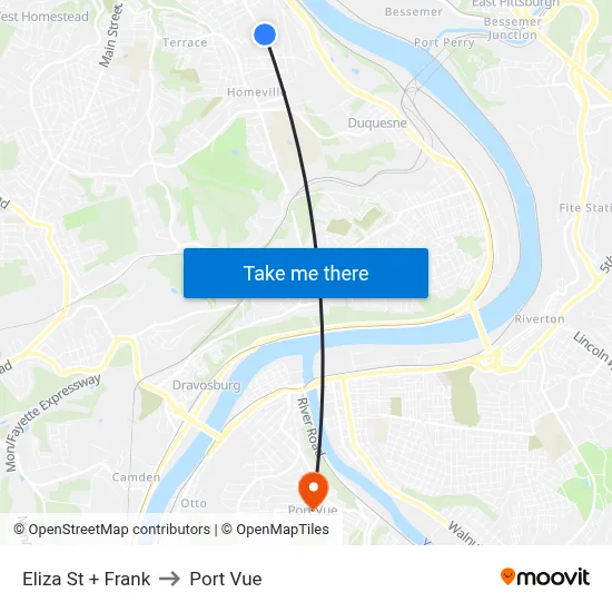 Eliza St + Frank to Port Vue map