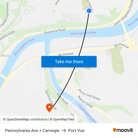 Pennsylvania Ave + Carnegie to Port Vue map
