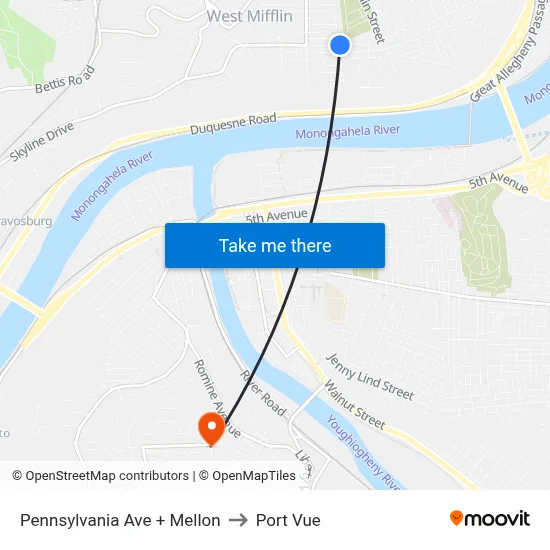Pennsylvania Ave + Mellon to Port Vue map