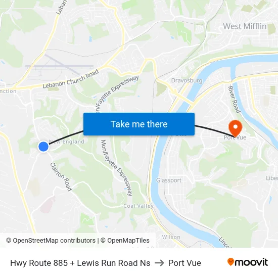 Hwy Route 885 + Lewis Run Road Ns to Port Vue map