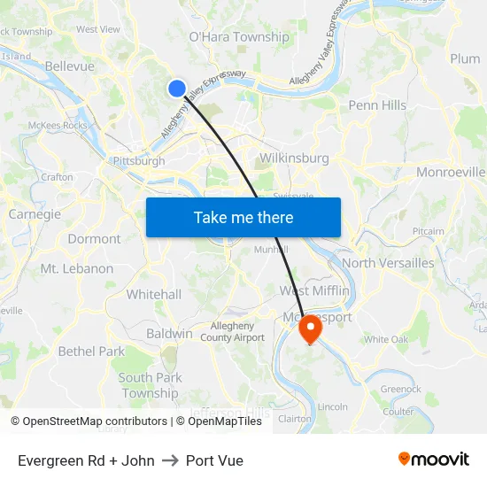 Evergreen Rd + John to Port Vue map