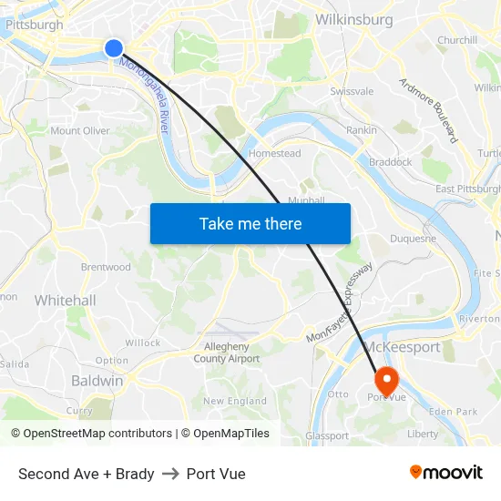 Second Ave + Brady to Port Vue map