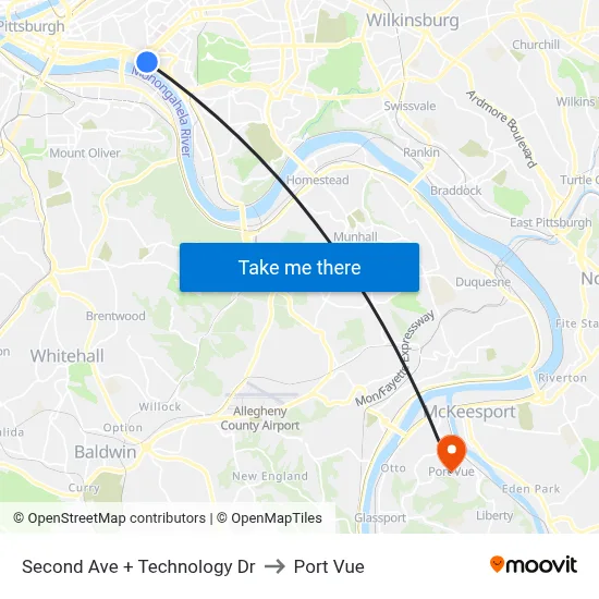Second Ave + Technology Dr to Port Vue map