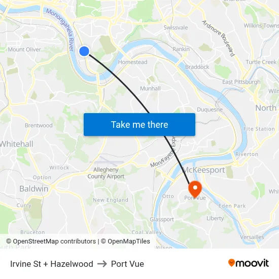 Irvine St + Hazelwood to Port Vue map