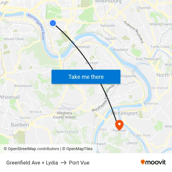 Greenfield Ave + Lydia to Port Vue map