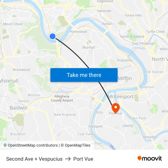 Second Ave + Vespucius to Port Vue map