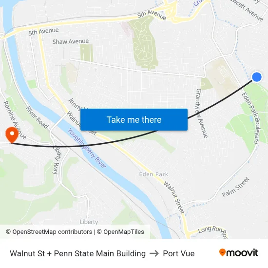 Walnut St + Penn State Main Building to Port Vue map