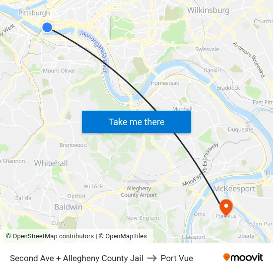 Second Ave + Allegheny County Jail to Port Vue map