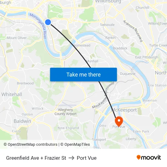 Greenfield Ave + Frazier St to Port Vue map