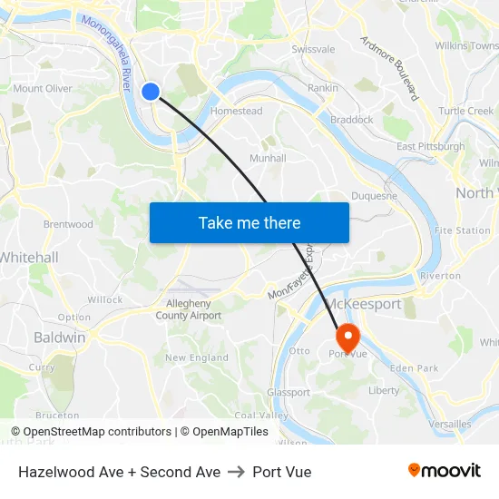 Hazelwood Ave + Second Ave to Port Vue map