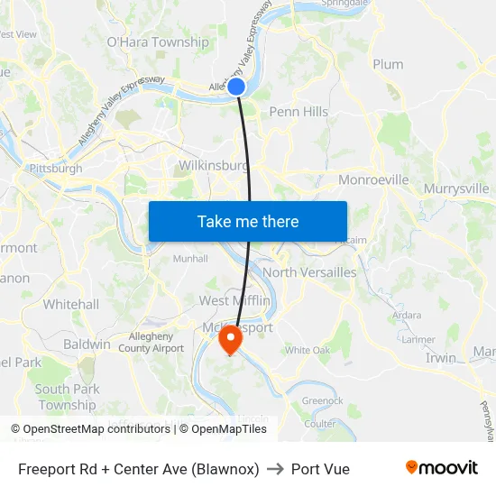 Freeport Rd + Center Ave (Blawnox) to Port Vue map