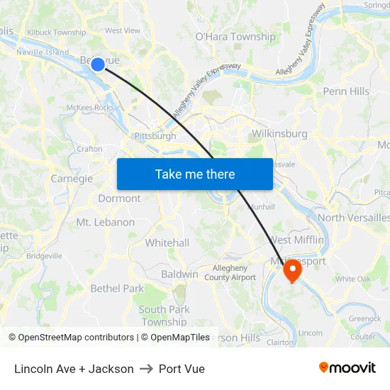 Lincoln Ave + Jackson to Port Vue map