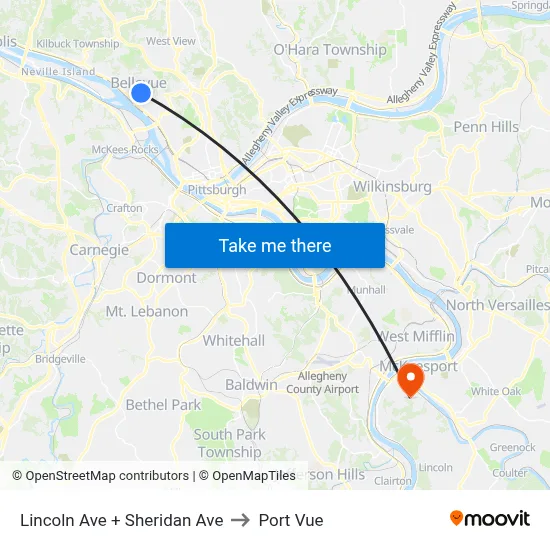 Lincoln Ave + Sheridan Ave to Port Vue map