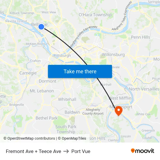 Fremont Ave + Teece Ave to Port Vue map