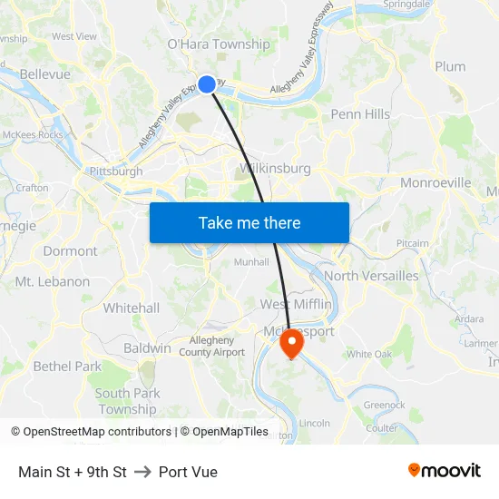 Main St + 9th St to Port Vue map