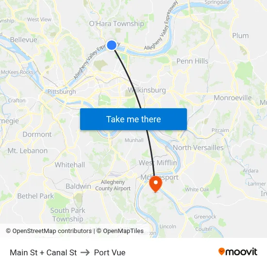 Main St + Canal St to Port Vue map