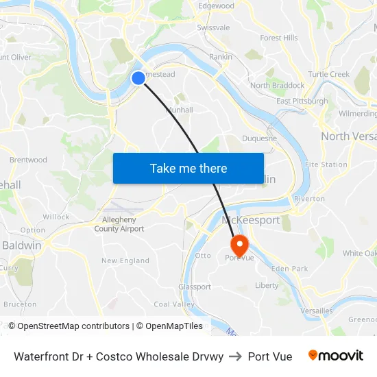 Waterfront Dr + Costco Wholesale Drvwy to Port Vue map