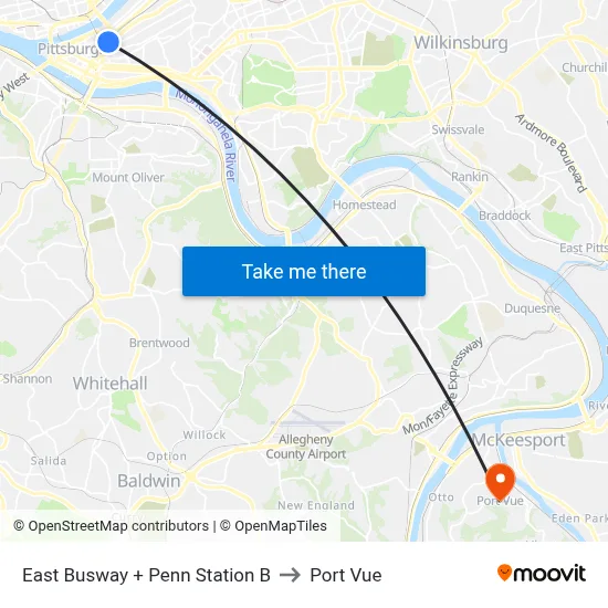 East Busway + Penn Station B to Port Vue map