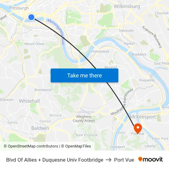 Blvd Of Allies + Duquesne Univ Footbridge to Port Vue map