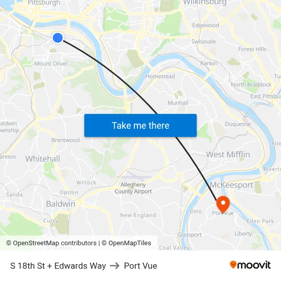 S 18th St + Edwards Way to Port Vue map