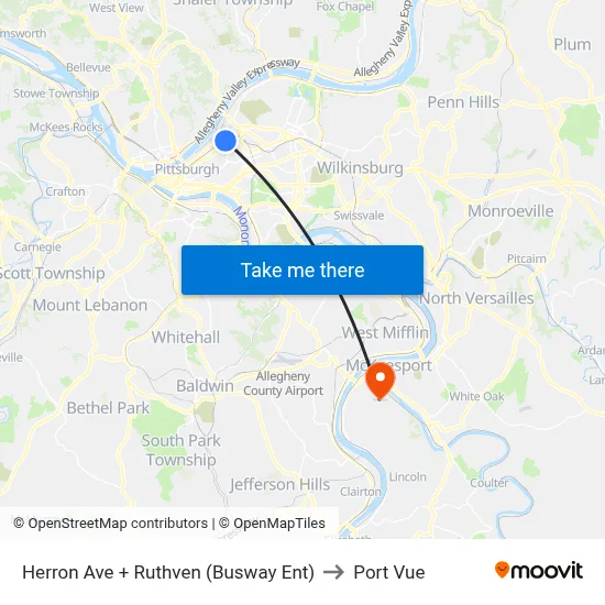 Herron Ave + Ruthven (Busway Ent) to Port Vue map