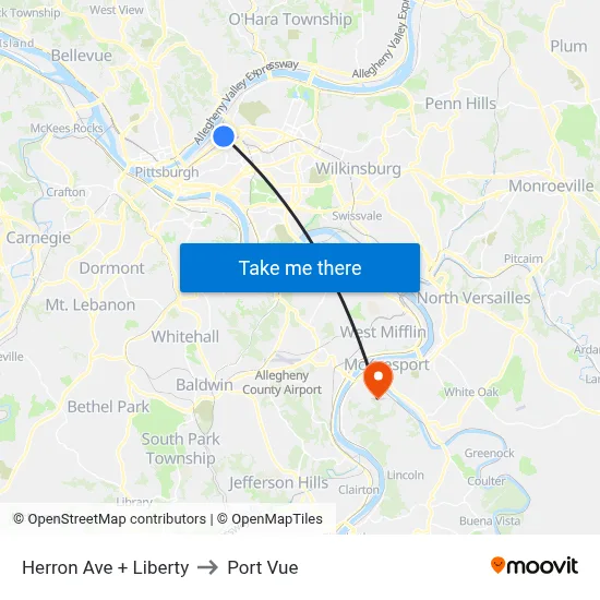 Herron Ave + Liberty to Port Vue map