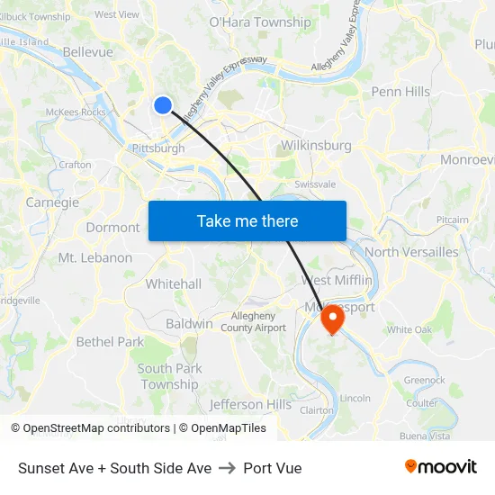 Sunset Ave + South Side Ave to Port Vue map