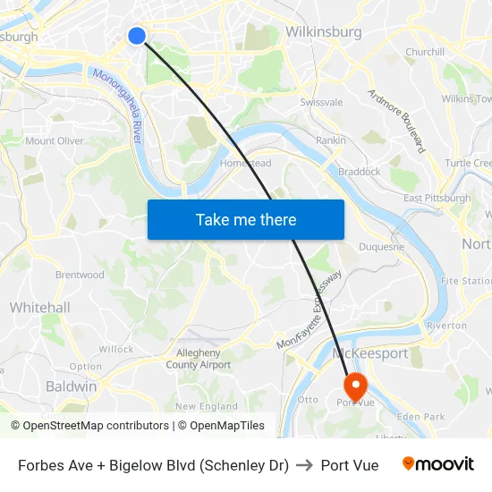 Forbes Ave + Bigelow Blvd (Schenley Dr) to Port Vue map