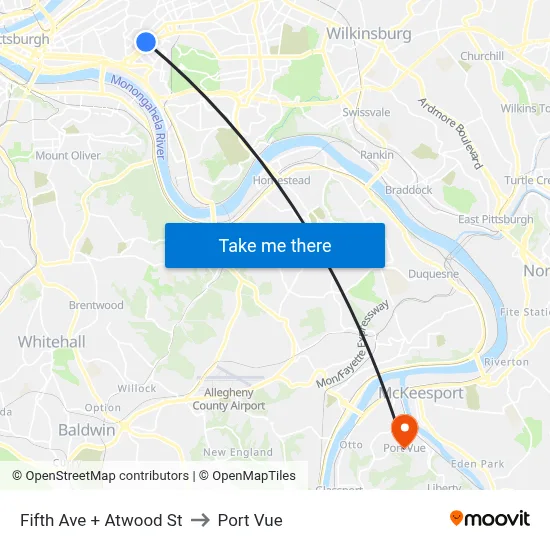Fifth Ave + Atwood St to Port Vue map