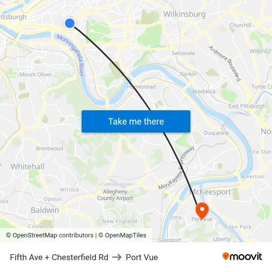 Fifth Ave + Chesterfield Rd to Port Vue map