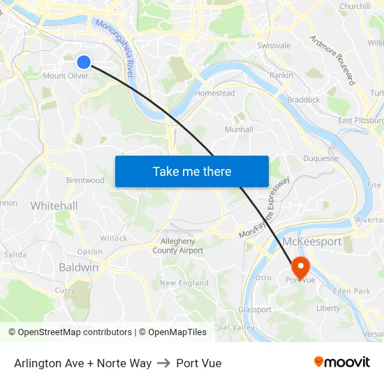 Arlington Ave + Norte Way to Port Vue map