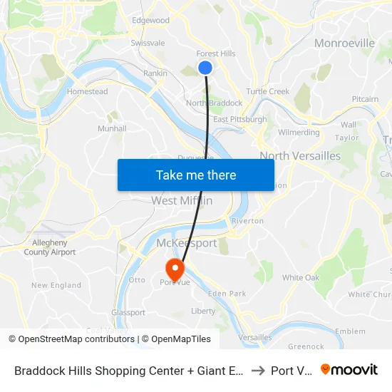 Braddock Hills Shopping Center + Giant Eagle to Port Vue map