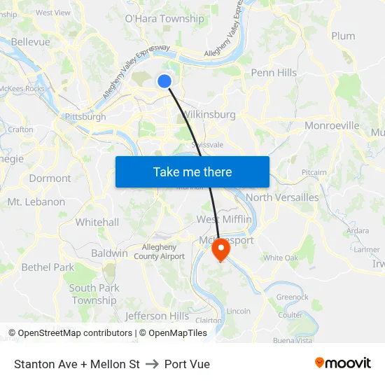 Stanton Ave + Mellon St to Port Vue map