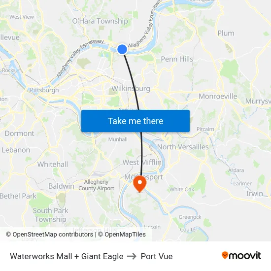 Waterworks Mall + Giant Eagle to Port Vue map