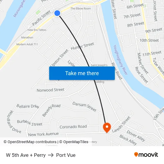 W 5th Ave + Perry to Port Vue map