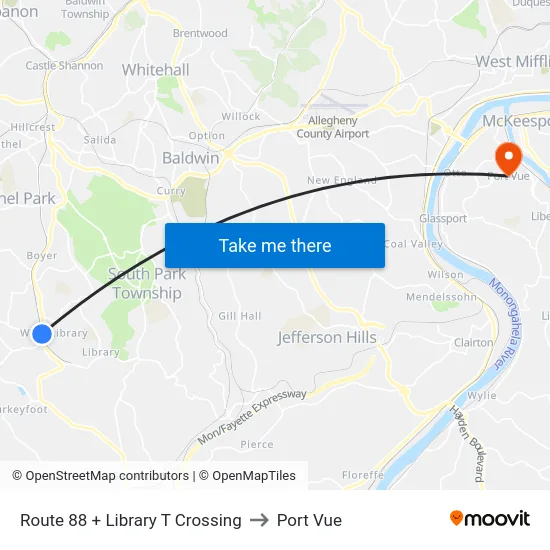 Route 88 + Library T Crossing to Port Vue map