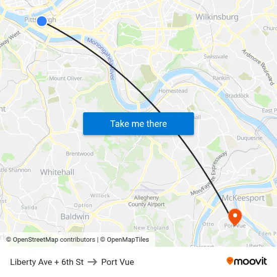 Liberty Ave + 6th St to Port Vue map