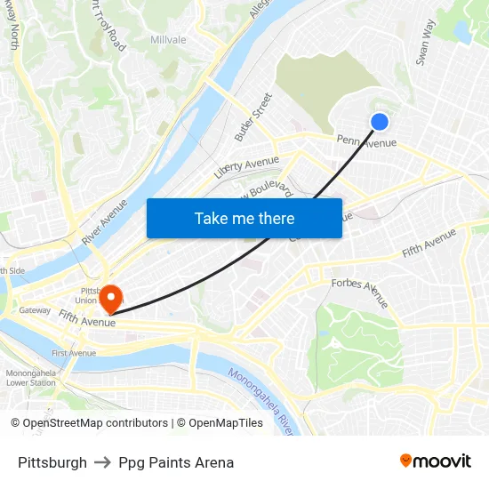 Pittsburgh to Ppg Paints Arena map