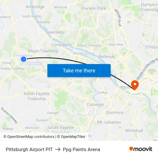 Pittsburgh Airport PIT to Ppg Paints Arena map