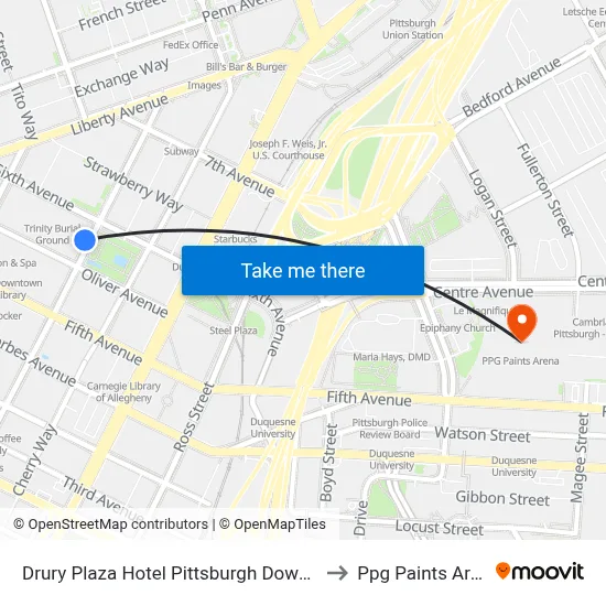 Drury Plaza Hotel Pittsburgh Downtown to Ppg Paints Arena map