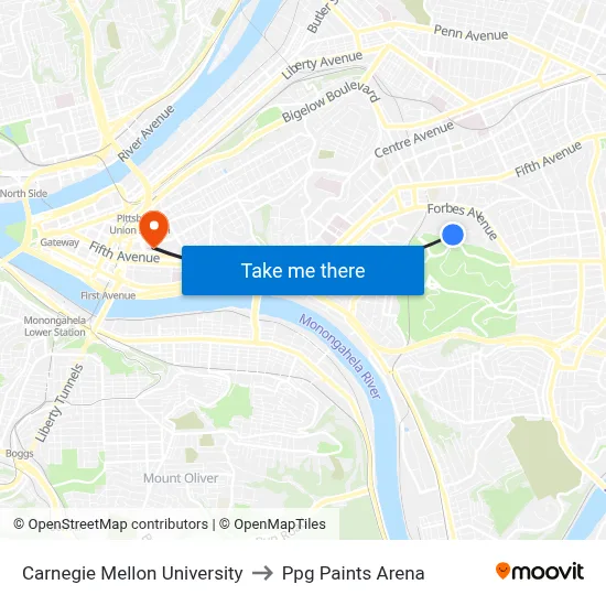 Carnegie Mellon University to Ppg Paints Arena map